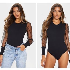 Black long sleeve bodysuit with dotted mesh sleeve